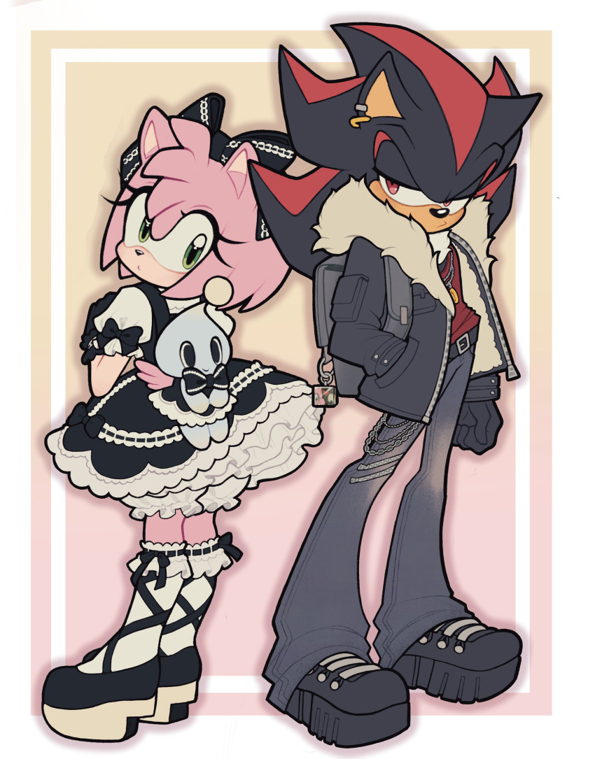 1boy, 1girl, absurdres, amy_rose, black_bow, black_footwear, black_gloves, black_hair, black_jacket, black_pants, bow, brown_shirt, closed_mouth, doll, earrings, flora_(florathemoth), frills, from_side, fur-trimmed_jacket, fur_trim, gloves, goth_fashion, gothic_lolita, gradient_background, green_eyes, hair_bow, highres, jacket, jewelry, lolita_fashion, open_clothes, open_jacket, orange_background, pants, pink_hair, puffy_short_sleeves, puffy_sleeves, red_hair, shadow_the_hedgehog, shirt, short_sleeves, smile, sonic_(series), white_background