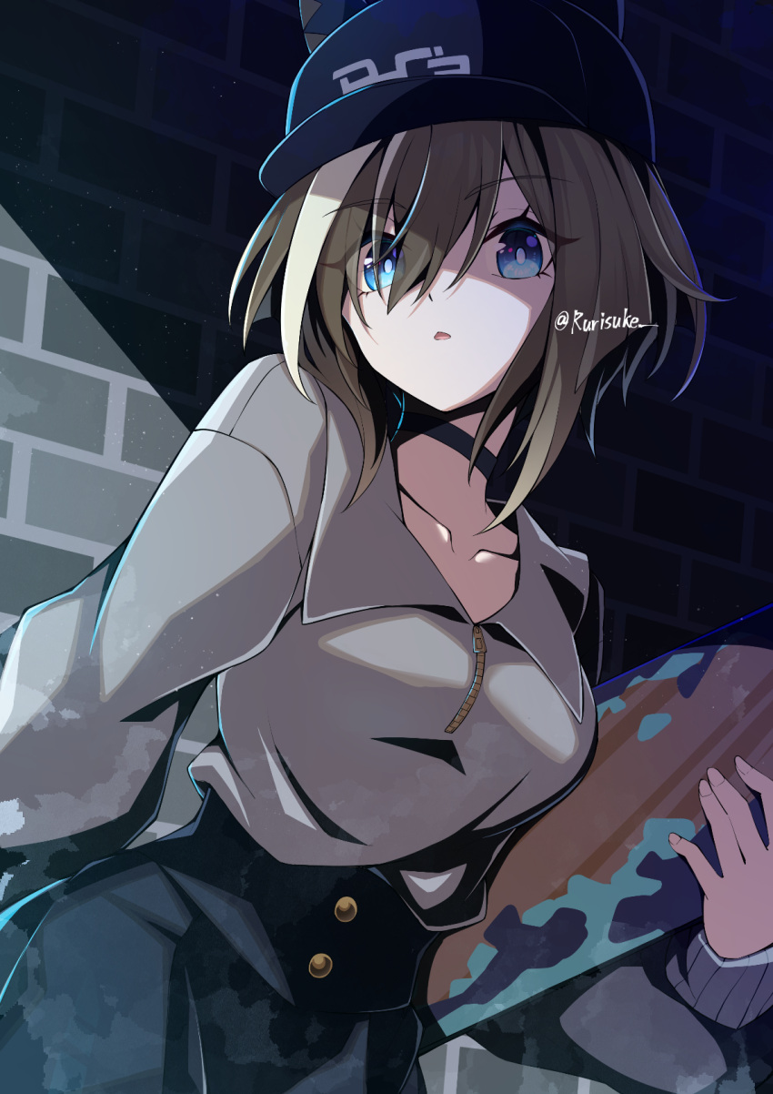 1girl, black_choker, black_hat, black_skirt, blue_eyes, brown_hair, cheval_grand_(boc'z)_(umamusume), cheval_grand_(umamusume)