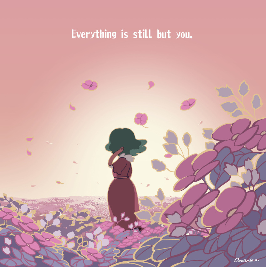 1girl, blurry, depth_of_field, dress, eclipsa_butterfly, flower, green_hair, highres