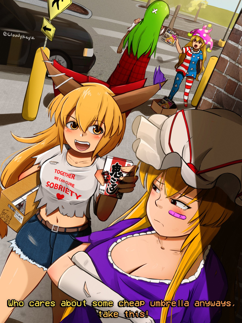 alternate_costume, american_flag, american_flag_dress, american_flag_legwear, american_flag_pants, american_flag_print, american_flag_shirt, bandaid