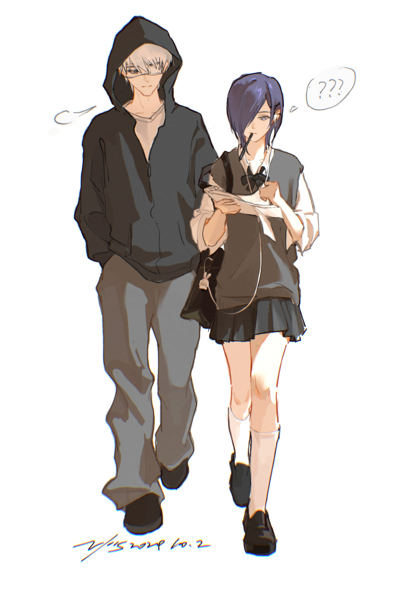 1boy, 1girl, ?, absurdres, alternate_costume, black_hoodie, black_skirt, black_sweater, eyepatch, full_body, grey_hair, grey_pants, hair_over_one_eye, highres, hood, hood_up, hoodie, kaneki_ken, kirishima_touka, long_sleeves, miniskirt, mouth_hold, pants, pen_in_mouth, pleated_skirt, school_uniform, shoes, short_hair, skirt, speech_bubble, spoken_question_mark, standing, sweater, tokyo_ghoul, translation_request, vjoos