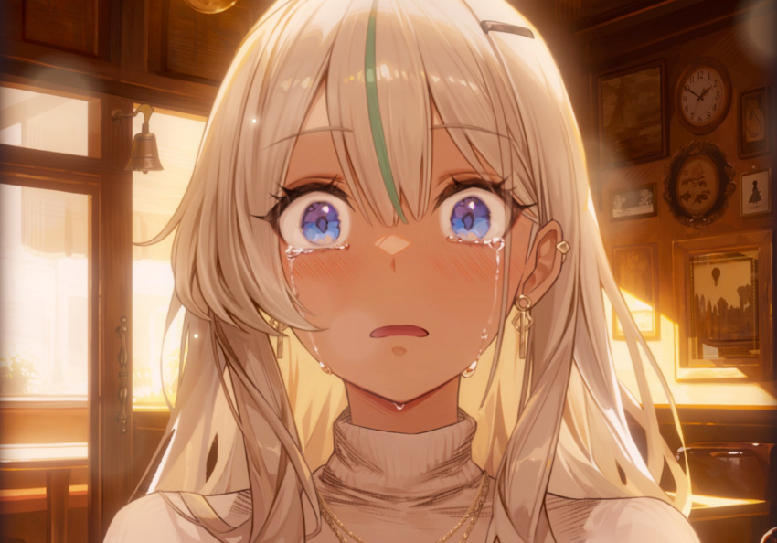 1girl, analog_clock, bell, blue_eyes, blush, brown_dust_(series), brown_dust_2, cafe