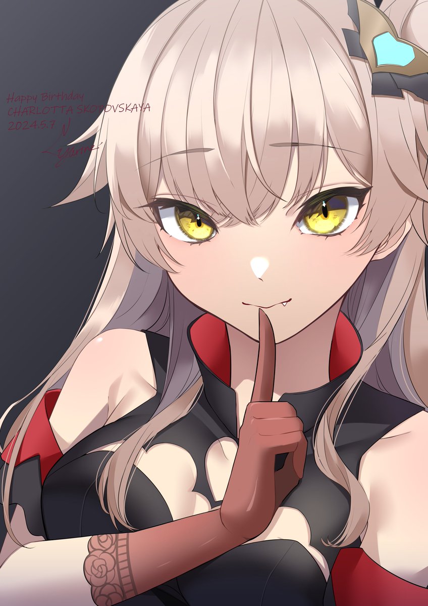 1girl, bat_hair_ornament, black_gloves, breasts, charlotta_skopovskaya, collar, collarbone, fang