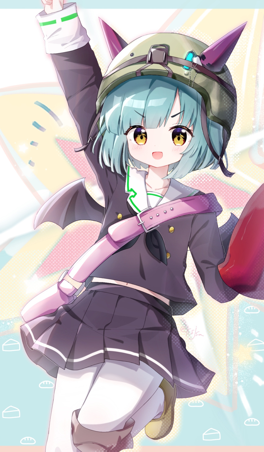 1girl, arm_up, bungo_yayoi, crab_claw, crossbody_bag, demon_wings, fake_horns, green_hair, hat, heaven_burns_red, highres, horns, knee_pads, ksjsa, open_mouth, pantyhose, short_hair, skirt, solo, white_pantyhose, wings, yellow_eyes