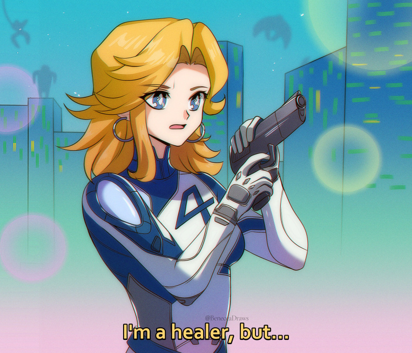 1990s_(style), 1girl, absurdres, animification, beneceadraws, blonde_hair, blue_bodysuit, blue_eyes, bodysuit, city, cocking_gun, earrings, fantastic_four, gun, handgun, highres, holding, holding_gun, holding_weapon, i'm_a_healer_but..._(meme), jewelry, marvel, marvel_rivals, meme, moon_knight, retro_artstyle, spider-man, spider-man_(series), sue_storm, superhero_costume, two-tone_bodysuit, weapon, white_bodysuit