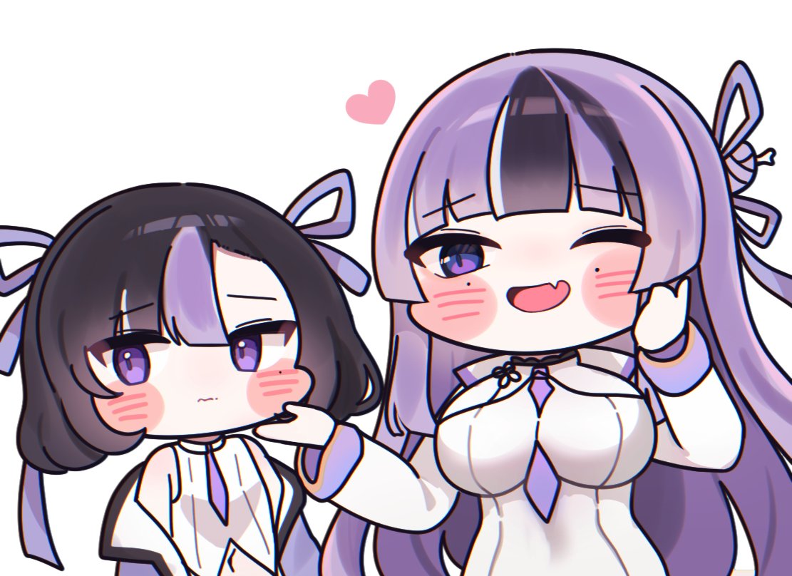 black_hair, breasts, fang, goddess_of_victory:_nikke, hair_ornament, hair_stick, hand_on_another's_chin, jacket, jien_(nikke), large_breasts, mming_(mmingis18), mole, mole_under_each_eye, mole_under_eye, multicolored_hair, multiple_moles, necktie, one_eye_closed, petite, purple_hair, purple_jacket, purple_necktie, purple_ribbon, ribbon, short_necktie, siblings, simple_background, sisters, skin_fang, small_breasts, streaked_hair, syuen_(nikke), violet_eyes, white_background, white_jacket