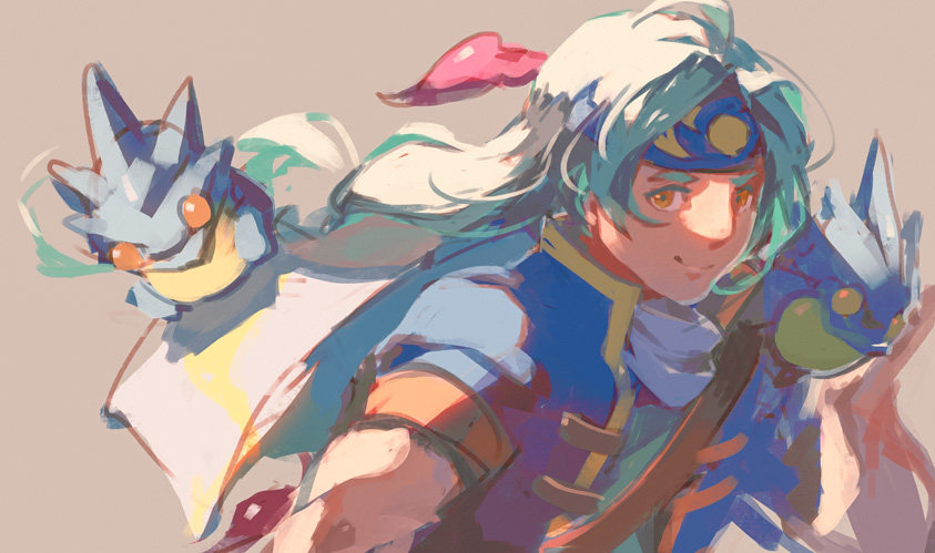 1boy, aqua_hair, blue_headband, blue_scarf, djinn_(golden_sun), garmmy, golden_sun, headband