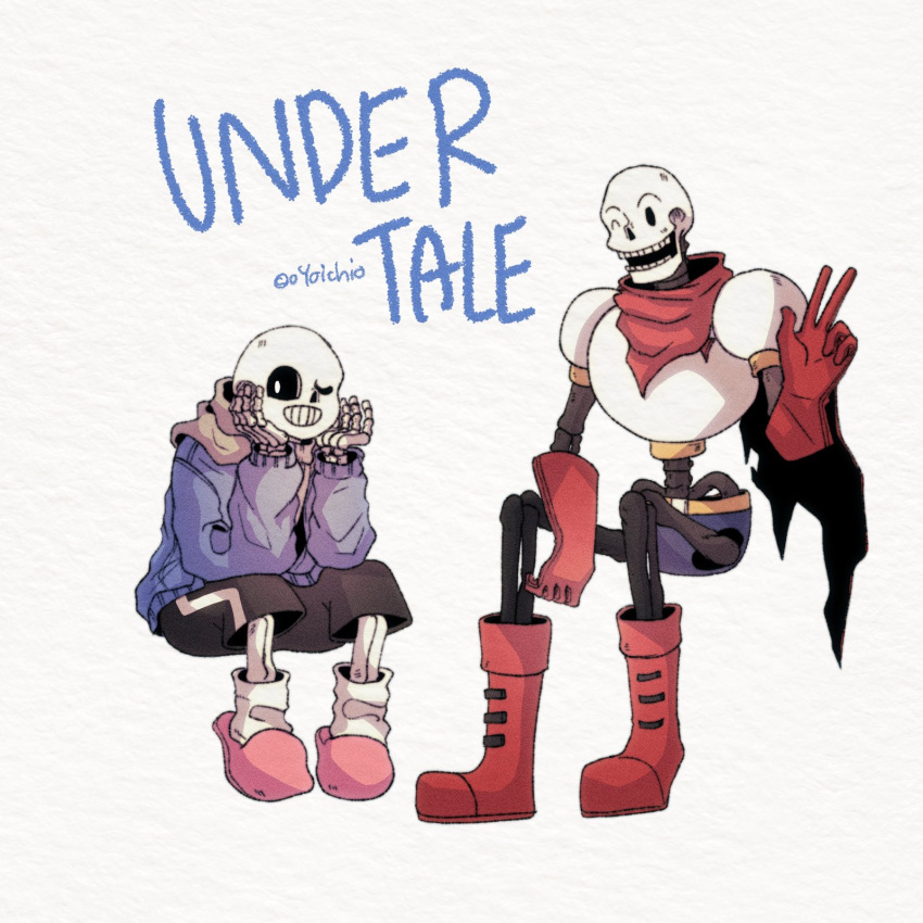 1:1, 2022, 2boys, 2d, artist_name, black_shorts, blue_jacket, blue_shorts, boots, brothers, cape, copyright_name, digital_media, duo, elbow_rest, english_text, gloves, hands_on_own_chin, highres, humanoid, invisible_chair, jacket, looking_at_viewer, male, male_focus, male_only, monster, monster_boy, multiple_boys, one_eye_closed, oyoichio, papyrus_(undertale), pink_slippers, red_boots, red_cape, red_gloves, sans_(undertale), shorts, siblings, simple_background, sitting, skeleton, slippers, socks, striped_shorts, teeth, text, twitter_username, undead, undertale, utdr_(toby_fox), w, white_background, white_socks, white_stripes