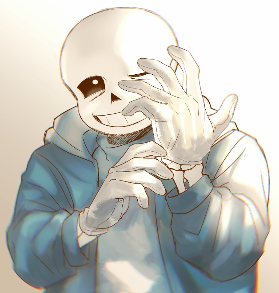 1boy, 2023, 2d, blue_jacket, chromatic_aberration, crisscoxxxxd, digital_media, glove_pull, gloves, gradient_background, grey_background, humanoid, jacket, male, male_focus, male_only, monster, monster_boy, sans_(undertale), simple_background, skeleton, solo, teeth, undead, undertale, upper_body, utdr_(toby_fox), white_background, white_gloves