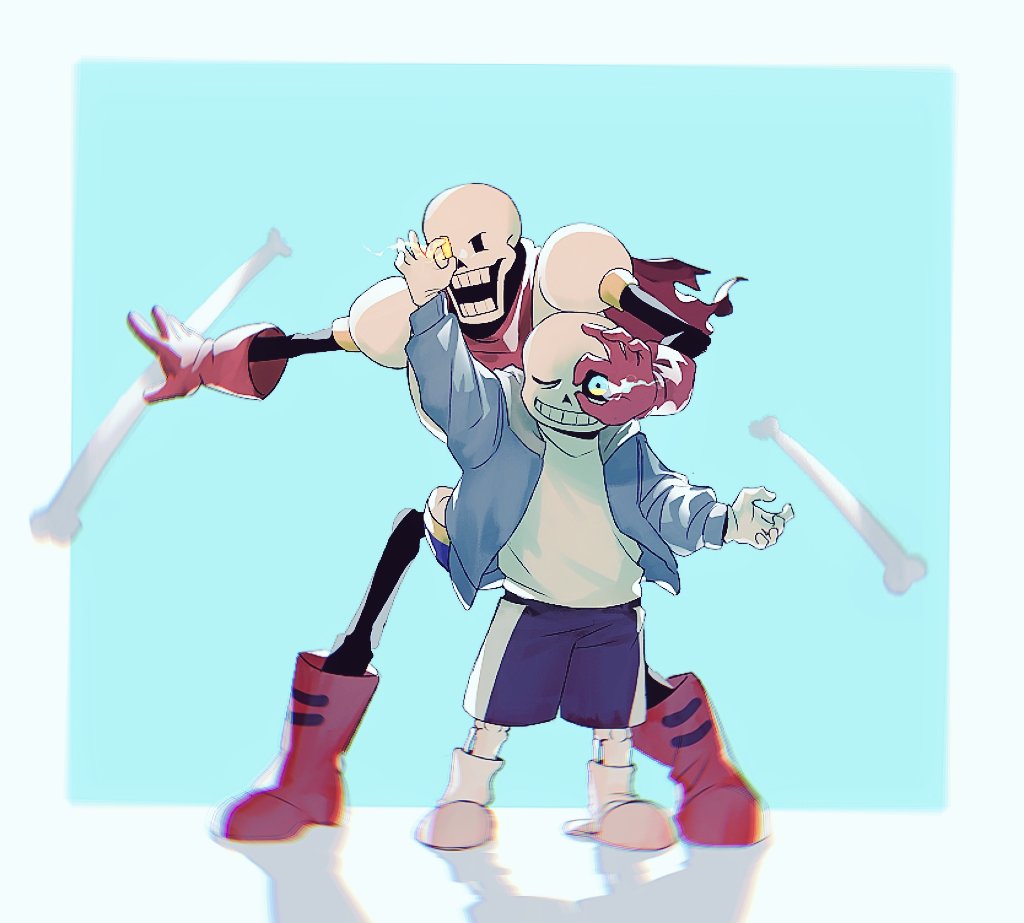 2023, 2boys, 2d, aqua_background, arm_up, blue_jacket, blue_shorts, bone