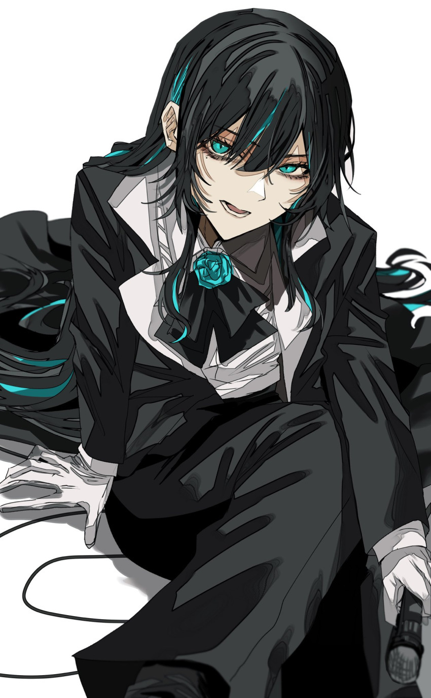 1girl, ado_(utaite), black_bow, black_bowtie, black_coat, black_hair, black_pants, blue_eyes