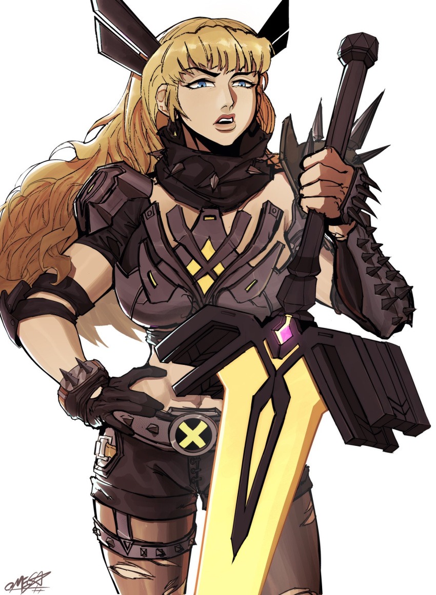 1girl, black_gloves, blonde_hair, blue_eyes, breasts, gloves, highres, holding