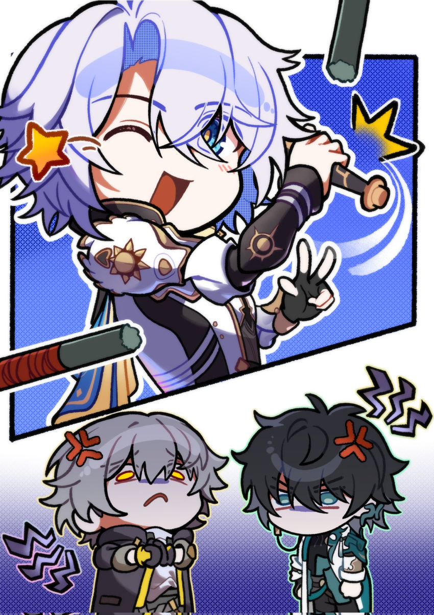 3boys, anger_vein, angry, armor, baseball_bat, black_hair, black_shirt, blue_eyes