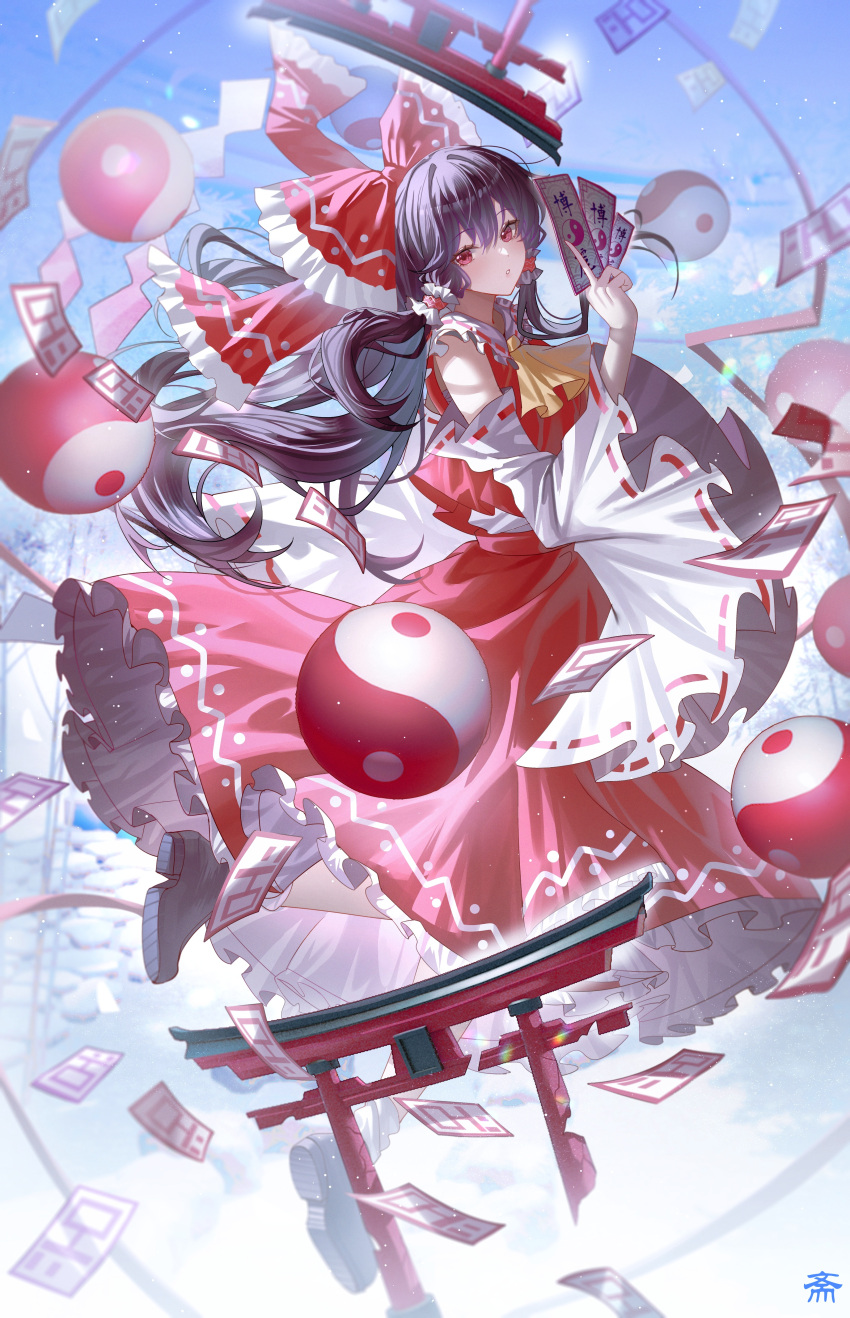 1girl, absurdres, ascot, between_fingers, bow, brown_hair, commentary, detached_sleeves, frilled_bow, frilled_hair_tubes, frills, hair_bow, hair_tubes, hakurei_reimu, highres, holding, long_hair, looking_at_viewer, ofuda, ofuda_between_fingers, orb, red_bow, red_eyes, red_skirt, ribbon-trimmed_sleeves, ribbon_trim, shoes, skirt, skirt_set, solo, tansuan_(ensj3875), torii, touhou, very_long_hair, yellow_ascot, yin_yang, yin_yang_orb, yin_yang_print