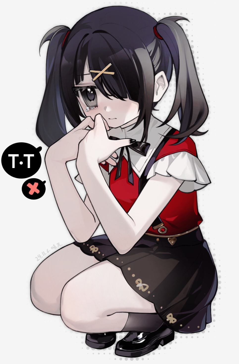 1girl, ame-chan_(needy_girl_overdose), black_eyes, black_footwear, black_hair, black_nails, black_ribbon, black_skirt