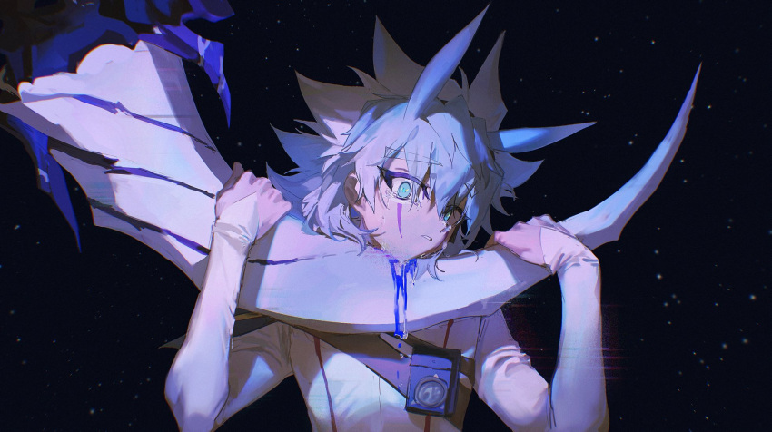 1boy, alien_888, black_background, blue_eyes, blue_hair, clawed_hands, claws, crying