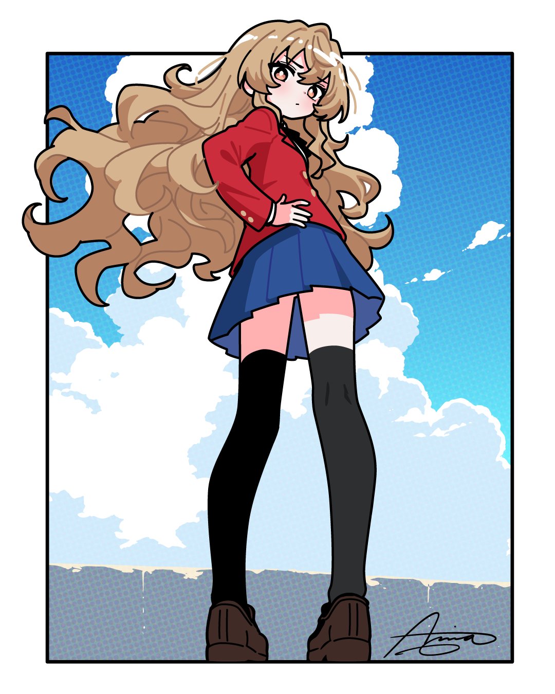1girl, aisaka_taiga, ameniwa, artist_name, black_bow, black_bowtie, black_thighhighs, blue_skirt, blue_sky, blush, border, bow, bowtie, bright_pupils, brown_eyes, brown_footwear, brown_hair, closed_mouth, clouds, commentary, cumulonimbus_cloud, dot_mouth, dress_shirt, english_commentary, from_behind, from_below, hair_between_eyes, halftone, halftone_background, hand_on_own_hip, highres, jacket, long_hair, long_sleeves, looking_back, looking_down, loose_hair_strand, outdoors, outside_border, pleated_skirt, red_jacket, school_uniform, shirt, signature, skirt, sky, solo, stone_wall, thigh-highs, toradora!, twisted_torso, wavy_hair, white_border, white_pupils, white_shirt