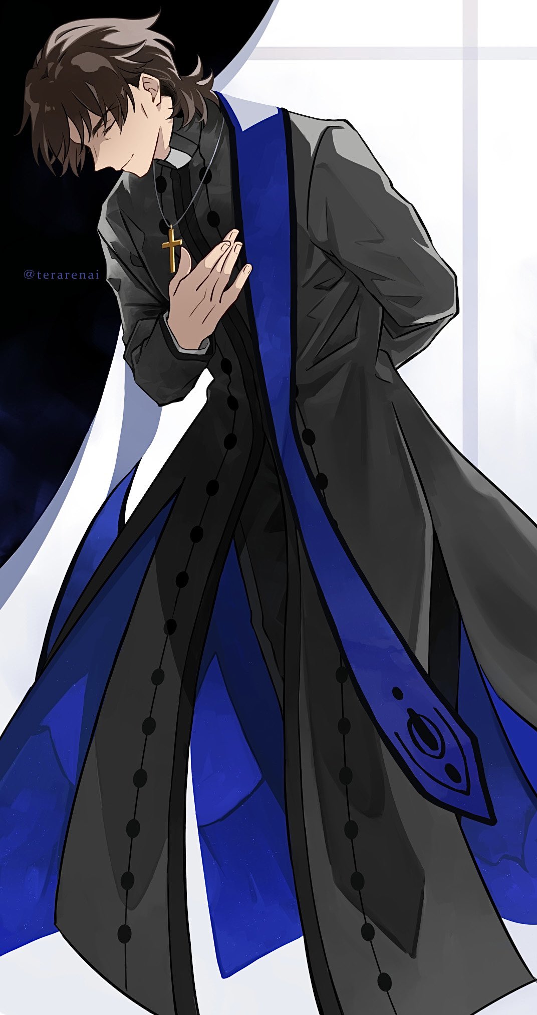 1boy, black_robe, brown_hair, butler_bowing, cassock, clerical_collar, closed_eyes, cross