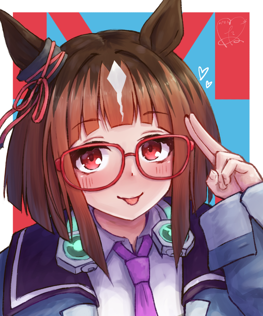 1girl, :p, animal_ears, blue_background, blue_jacket, blush, brown_hair, closed_mouth, collared_shirt, ear_ribbon, glasses, hand_up, headphones, headphones_around_neck, heart, highres, horse_ears, horse_girl, jacket, necktie, portrait, purple_necktie, red-framed_eyewear, red_background, red_ribbon, ribbon, salute, shirt, short_hair, smile, solo, tanu_(ace_ikachan), tongue, tongue_out, transcend_(umamusume), two-finger_salute, umamusume, white_background, white_shirt