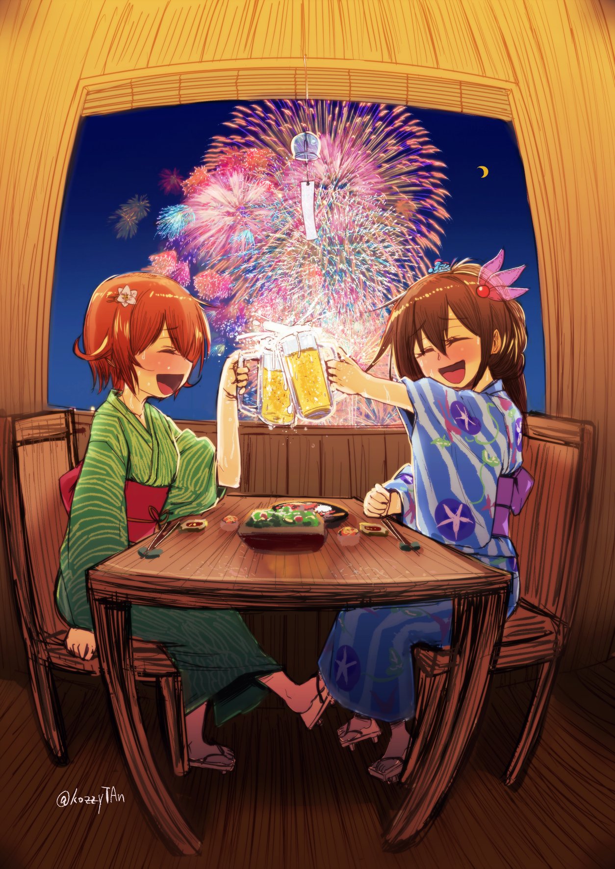 2girls, alternate_costume, beer_mug, blue_kimono, brown_hair, chopsticks, cup, fireworks