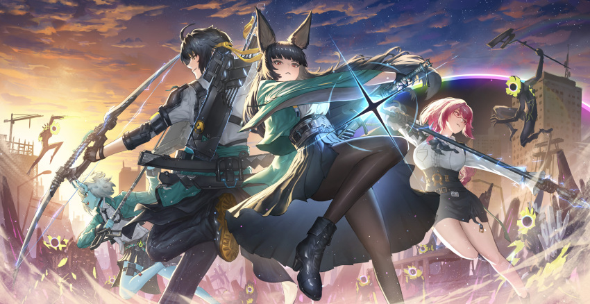 1boy, 3girls, absurdres, angelo_(angeloart26), animal_ears, asaba_harumasa, black_gloves, black_pantyhose