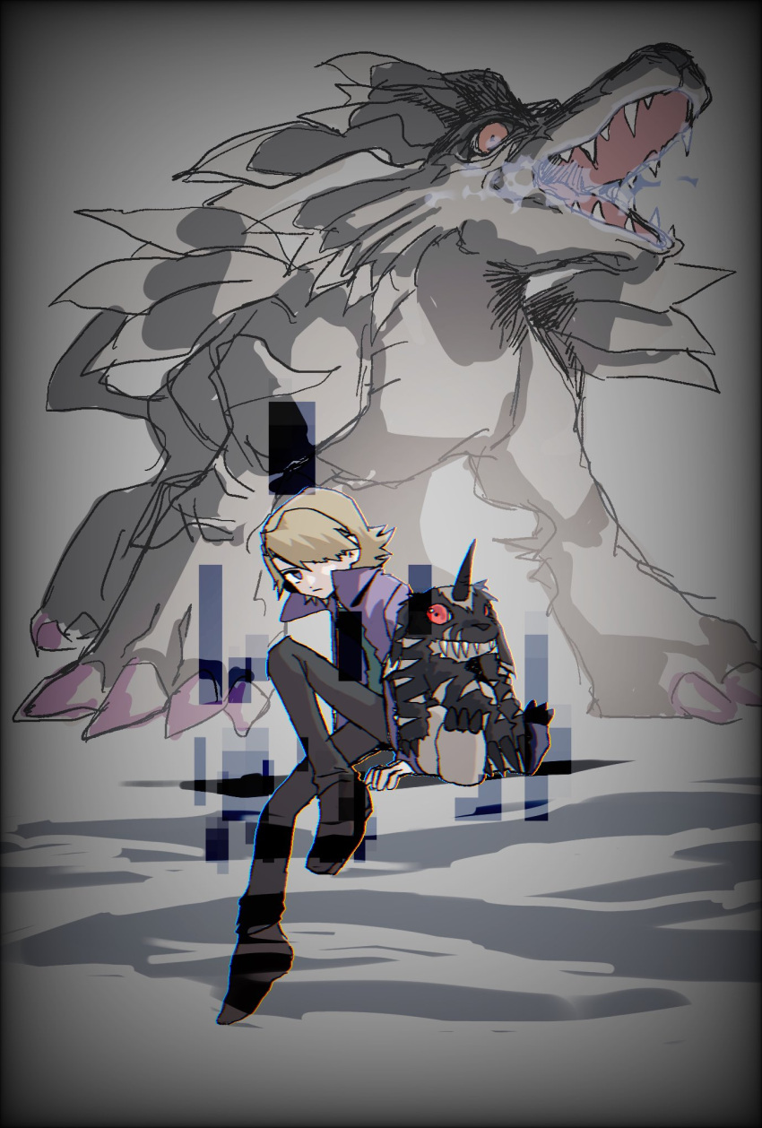 black_fur, black_pants, blonde_hair, blue_fire, body_fur, digimon, digimon_(creature), digimon_adventure