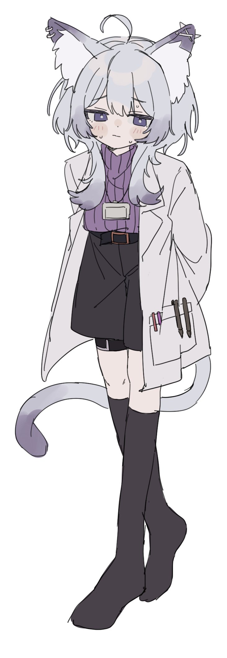 1other, ahoge, animal_ear_fluff, animal_ears, arms_behind_back, belt, black_belt, black_shorts