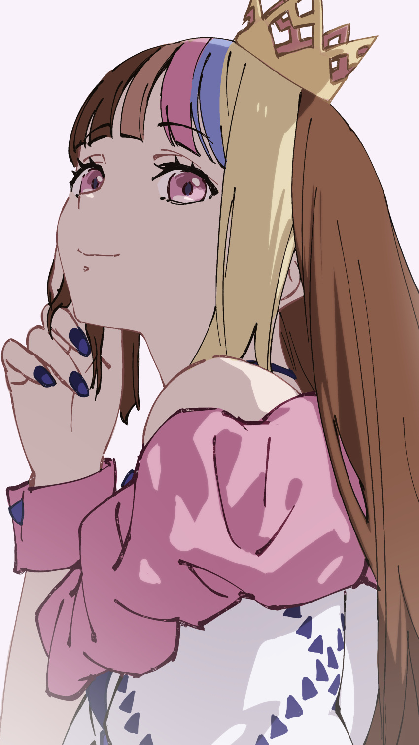 1girl, absurdres, backlighting, bare_shoulders, blonde_hair, blue_hair, blue_nails, brown_hair