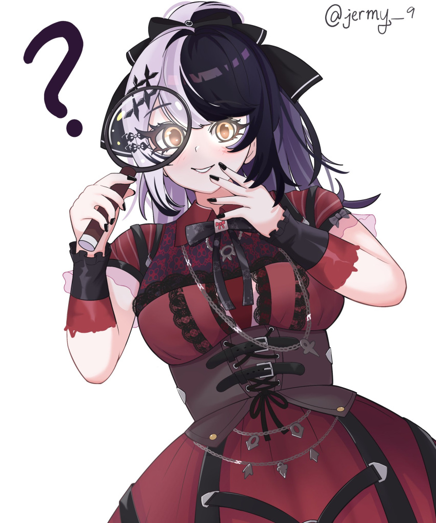 1girl, bow, chain, corset, detective, highres, magnifying_glass, ponytail