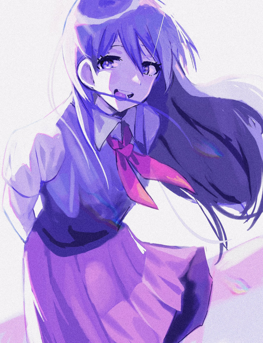 1girl, :d, arms_behind_back, backlighting, collared_shirt, commentary, cowboy_shot, double-parted_bangs