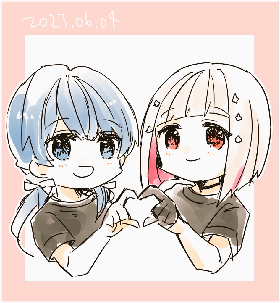 2girls, :d, black_gloves, black_shirt, blue_eyes, blue_hair, blush, bob_cut