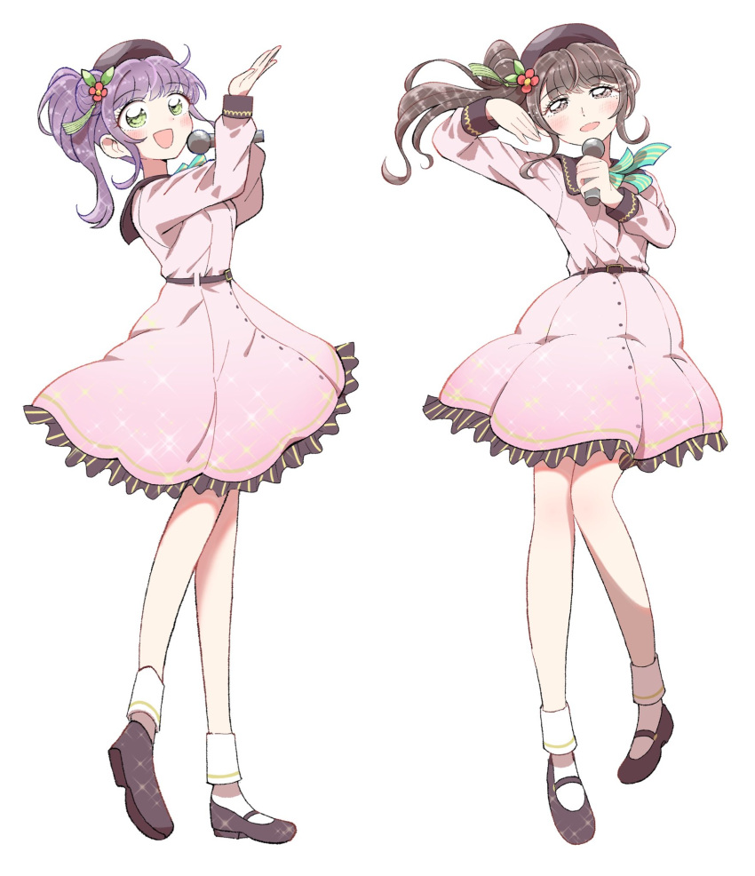 2girls, :d, animification, ankle_socks, arm_up, beret, black_footwear, blush