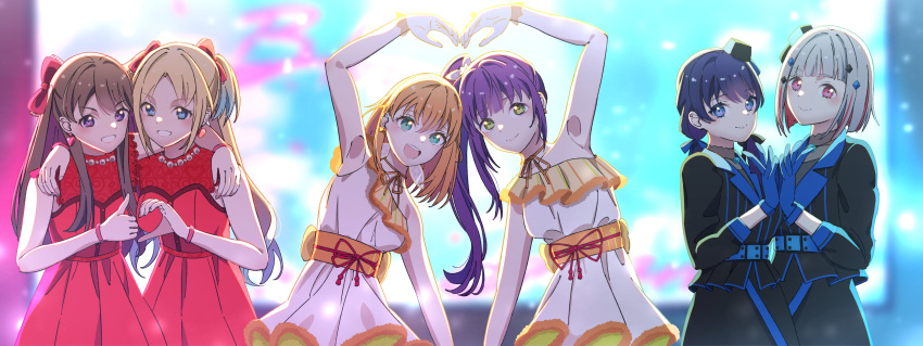 6+girls, :d, absurdres, aqua_eyes, arm_up, armpits, awoke_(love_live!), black_jacket