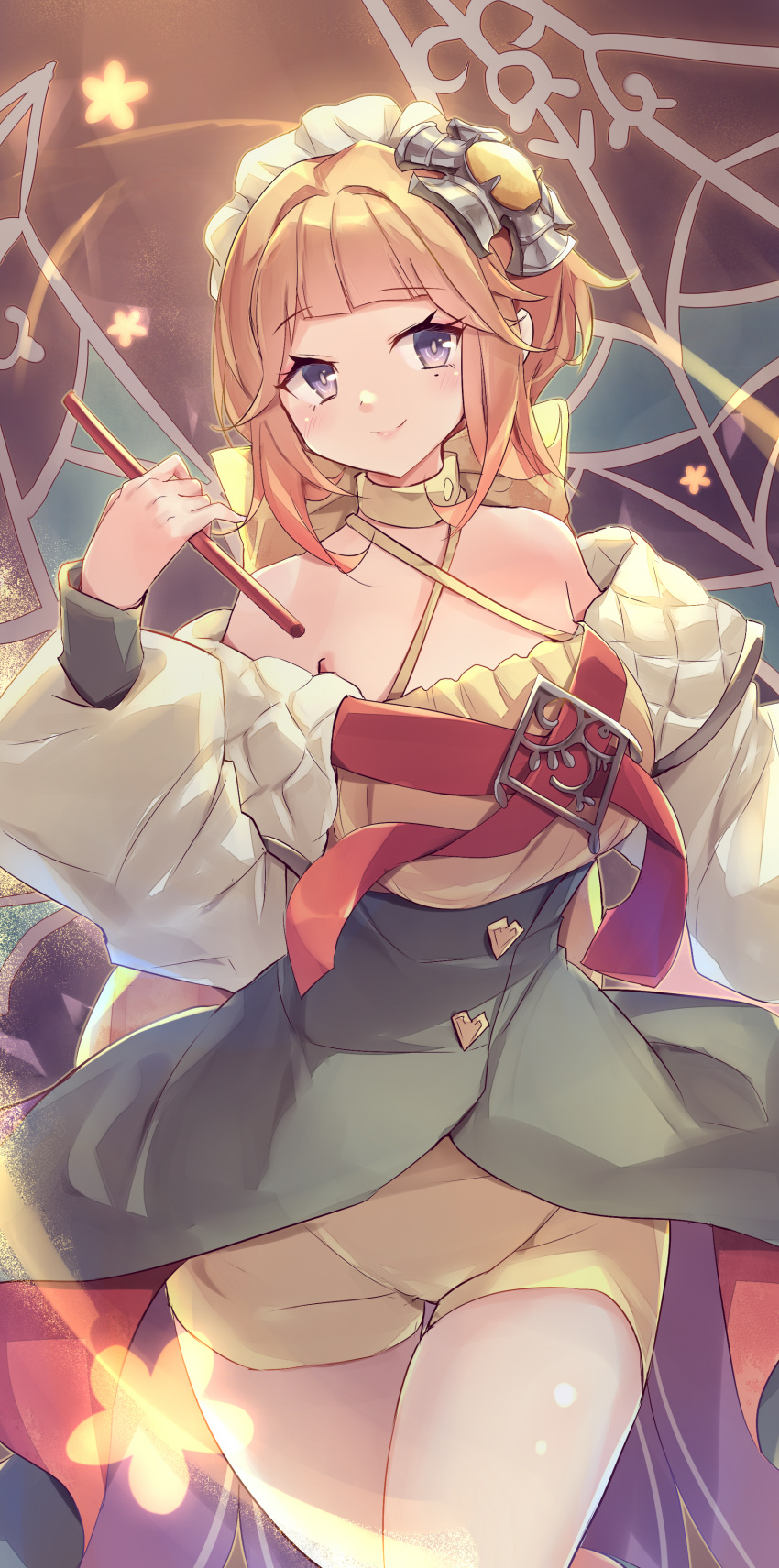 1girl, absurdres, aromalilith_magnolia, blonde_hair, cowboy_shot, duel_monster, grey_eyes, highres, holding_baton, kanzakietc, looking_at_viewer, off-shoulder_jacket, off_shoulder, short_shorts, shorts, smile, solo, thighs, yellow_shorts, yu-gi-oh!