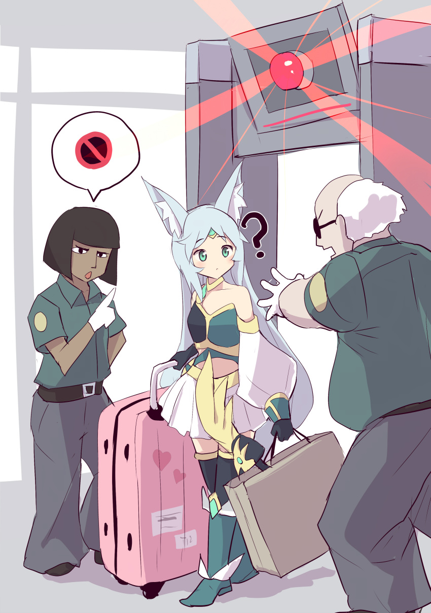 1girl, 2boys, ?, absurdres, airport_security, alarm_siren, apollousa_bow_of_the_goddess, bag