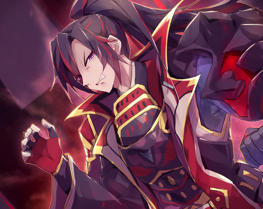 1boy, absurdres, armor, black_hair, clenched_teeth, disgust, duel_monster, dutch_angle