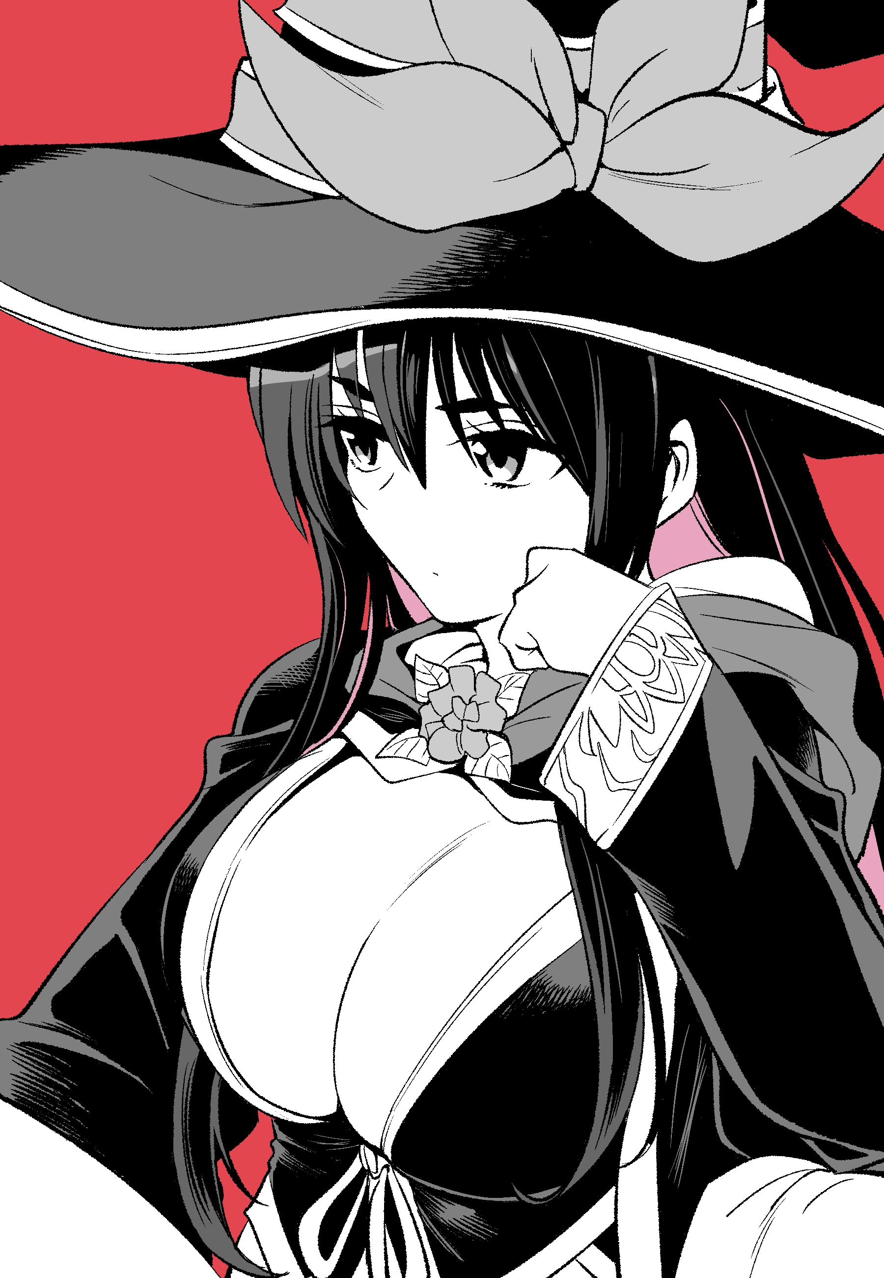 1girl, absurdres, black_hair, black_hat, breasts, colored_inner_hair, hat, highres