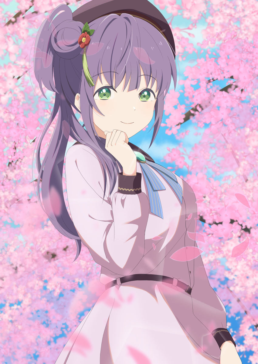 1girl, absurdres, beret, blue_ribbon, blue_sky, breasts, brown_hat, cherry_blossoms