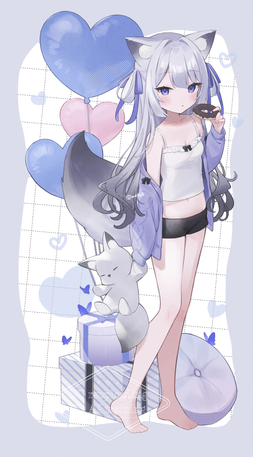 1girl, animal_ears, balloon, bare_legs, barefoot, black_shorts, blue_eyes, box
