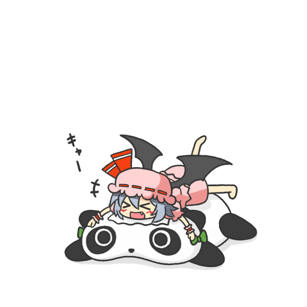 >_<, animal_costume, ascot, barefoot, bat_wings, bear_costume, blue_hair, chibi