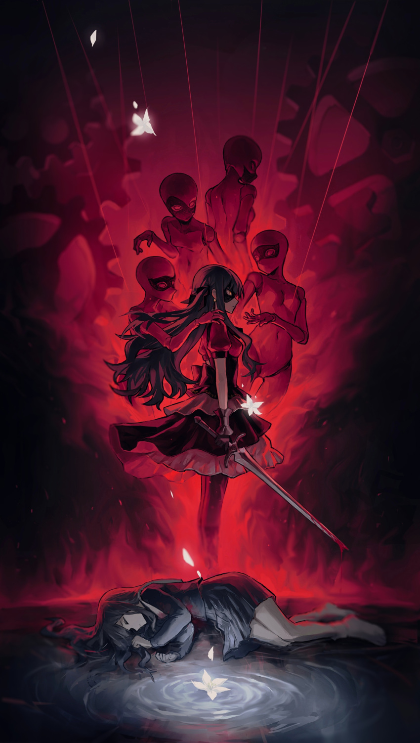 2girls, absurdres, amoris_(bang_dream!), antitankhiyoko, ave_mujica_(bang_dream!), bang_dream!, bang_dream!_it's_mygo!!!!!, black_gloves, black_mask, black_ribbon, black_skirt, blood, blue_hair, blue_shirt, blue_skirt, chinese_commentary, closed_eyes, closed_mouth, commentary_request, doloris_(bang_dream!), dual_persona, earrings, flower, gloves, hair_ribbon, highres, jewelry, long_hair, long_sleeves, lying, mannequin, mask, masquerade_mask, misumi_uika, mortis_(bang_dream!), multiple_girls, no_shoes, oblivionis_(bang_dream!), on_side, pleated_skirt, puffy_short_sleeves, puffy_sleeves, red_shirt, ribbon, shirt, short_sleeves, skirt, socks, standing, timoris_(bang_dream!), togawa_sakiko, wakaba_mutsumi, white_socks, yahata_umiri, yuutenji_nyamu