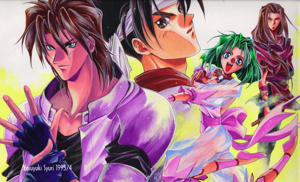 ahoge, ankle_cuffs, battle_arena_toshinden, blue_eyes, bow, brown_eyes, brown_hair, coat, earrings, eiji_shinjo_(battle_arena_toshinden), ellis_(battle_arena_toshinden), green_eyes, green_hair, happy, headband, jewelry, kayin_amoh_(battle_arena_toshinden), leotard, long_hair, necklace, open_mouth, ribbon, scarf, see-through, sho_shinjo_(battle_arena_toshinden), short_hair, shuri_yasuyuki, spiked_hair, spiky_hair, sword, weapon, wrist_cuffs, yasuyuki_syuri