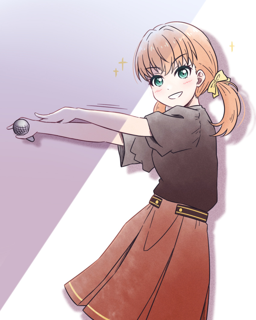 1girl, akihitohappy, aqua_eyes, black_shirt, blush, bow, brown_skirt, commentary_request