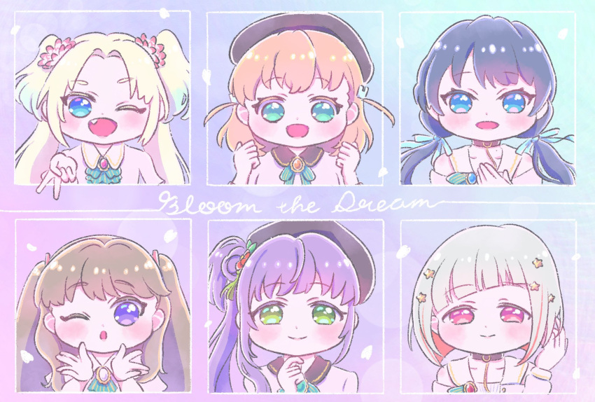 6+girls, :d, ;d, ;o, abukero, aqua_eyes, ascot, bare_shoulders