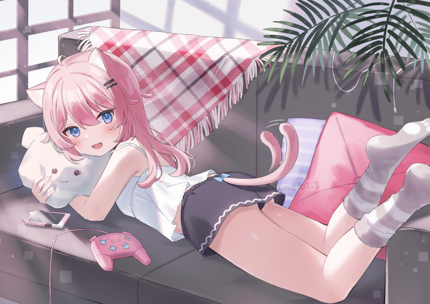 1girl, :d, animal_ears, black_shorts, blue_eyes, camisole, cat_ears, cat_girl