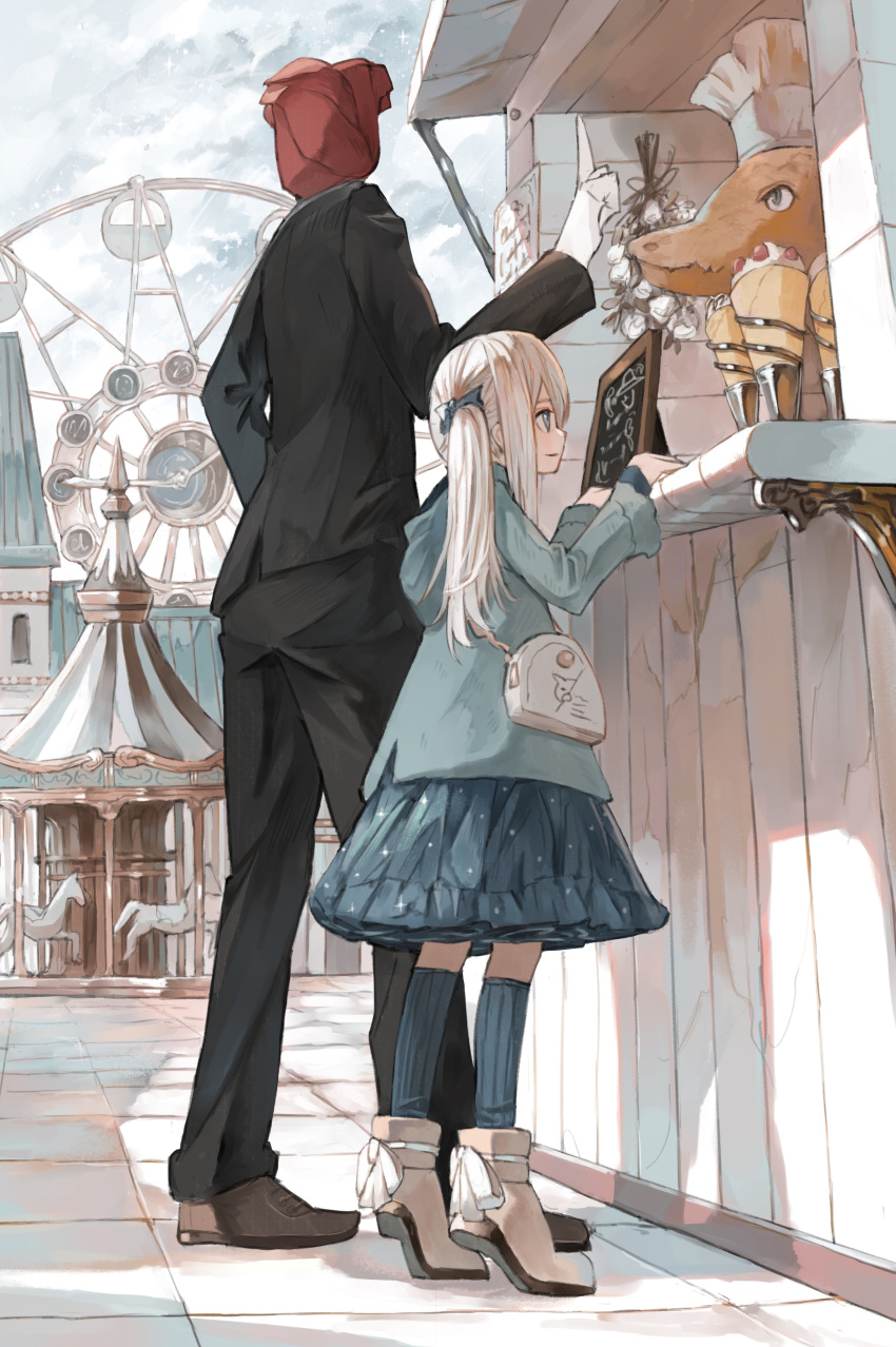 1boy, 1girl, absurdres, amusement_park, aqua_coat, bag, black_jacket, black_pants