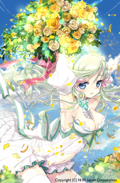 aisaka_nanami, blue_eyes, bouquet, breasts, cleavage, dress, flower, frilled_dress