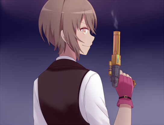1boy, brown_hair, dark-skinned_male, dark_skin, game_cg, gloves, gun, handgun