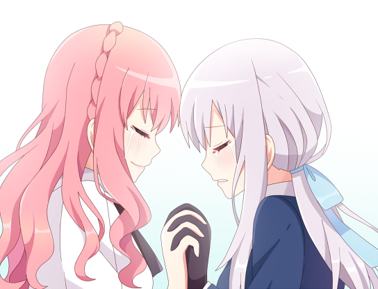 2girls, blue_coat, blue_ribbon, braid, coat, game_cg, gloves, hair_ribbon