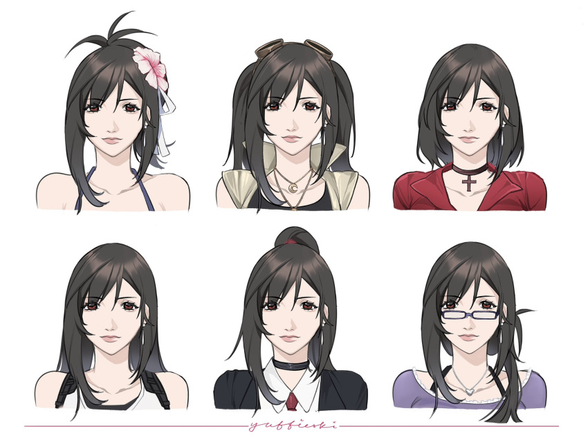 1girl, alternate_costume, alternate_hair_length, alternate_hairstyle, artist_name, bare_shoulders, black_choker, black_hair, black_jacket, black_shirt, choker, closed_mouth, collarbone, collared_shirt, crescent, crescent_necklace, cross, cross_choker, earrings, english_commentary, final_fantasy, final_fantasy_vii, final_fantasy_vii_rebirth, final_fantasy_vii_remake, flower, glasses, goggles, goggles_on_head, hair_flower, hair_ornament, halterneck, heart, heart_necklace, high_ponytail, highres, jacket, jewelry, lips, long_hair, looking_at_viewer, medium_hair, multiple_views, necklace, necktie, official_alternate_hairstyle, pink_flower, pink_lips, popped_collar, portrait, purple_shirt, red_eyes, red_necktie, red_shirt, shirt, single_earring, suspenders, tank_top, teardrop_earrings, tifa_lockhart, tifa_lockhart_(shining_spirit), twintails, upper_body, white_background, white_shirt, white_tank_top, yuffieski